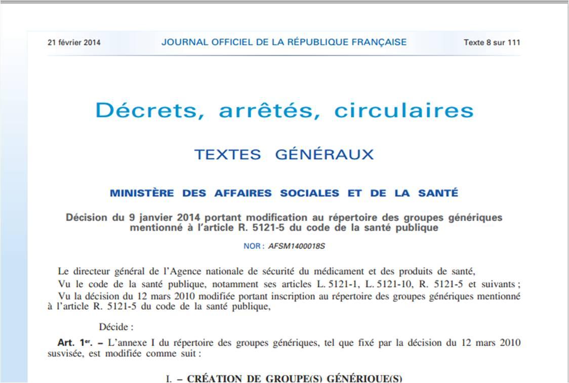 Décision du 9 janvier 2014 portant modification au répertoire des groupes génériques (extrait).